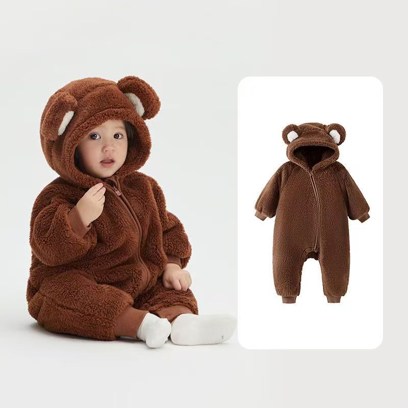 Kids' Cute Bear Plush Onesie Coat - Warm Fleece Baby Jumpsuit for Winter