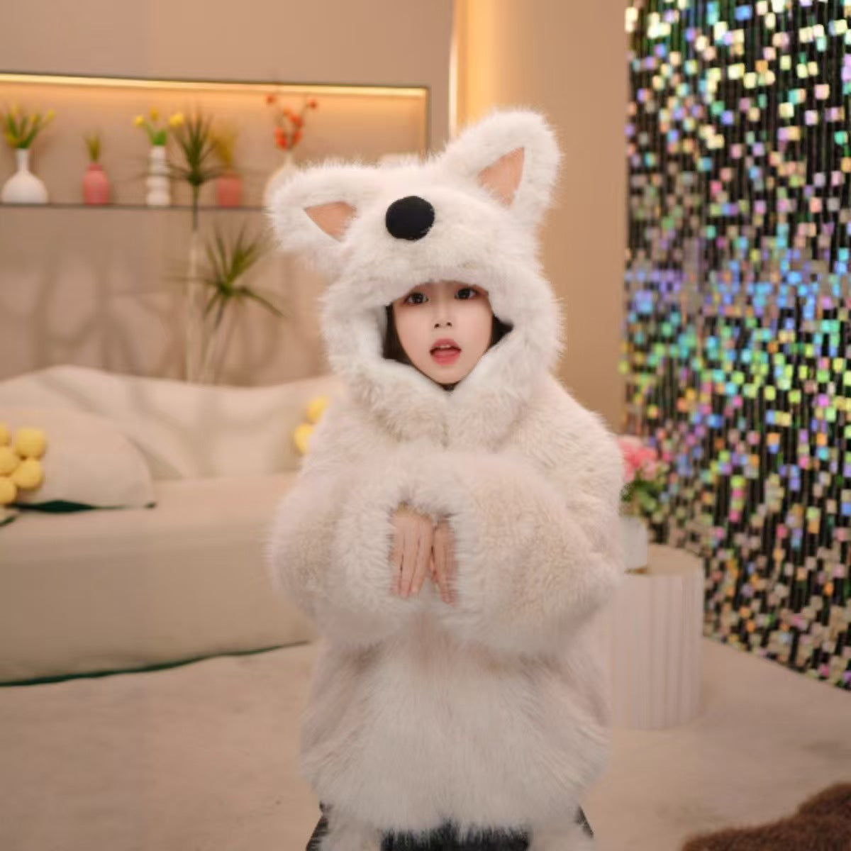 Adorable White Fox Plush Kids' Coat - Warm, Cute & Fluffy Outerwear for Children