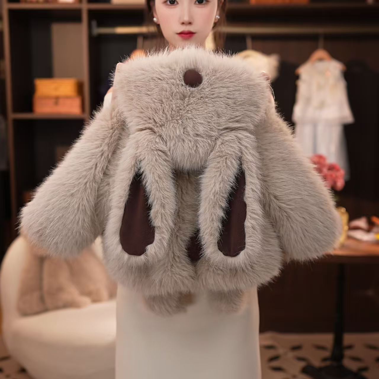 Adorable Grey Bunny Plush Kids' Coat - Warm, Cute & Fluffy Outerwear for Children