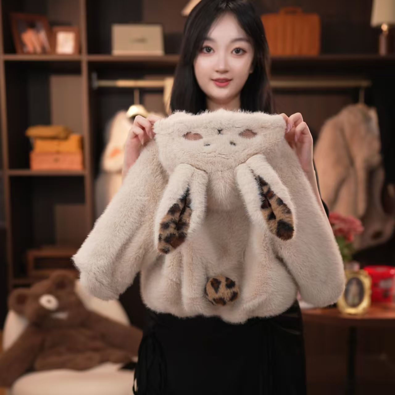 Cute Beige Bunny with Leopard Print Details Plush Kids' Coat - Warm and Stylish Outerwear for Children