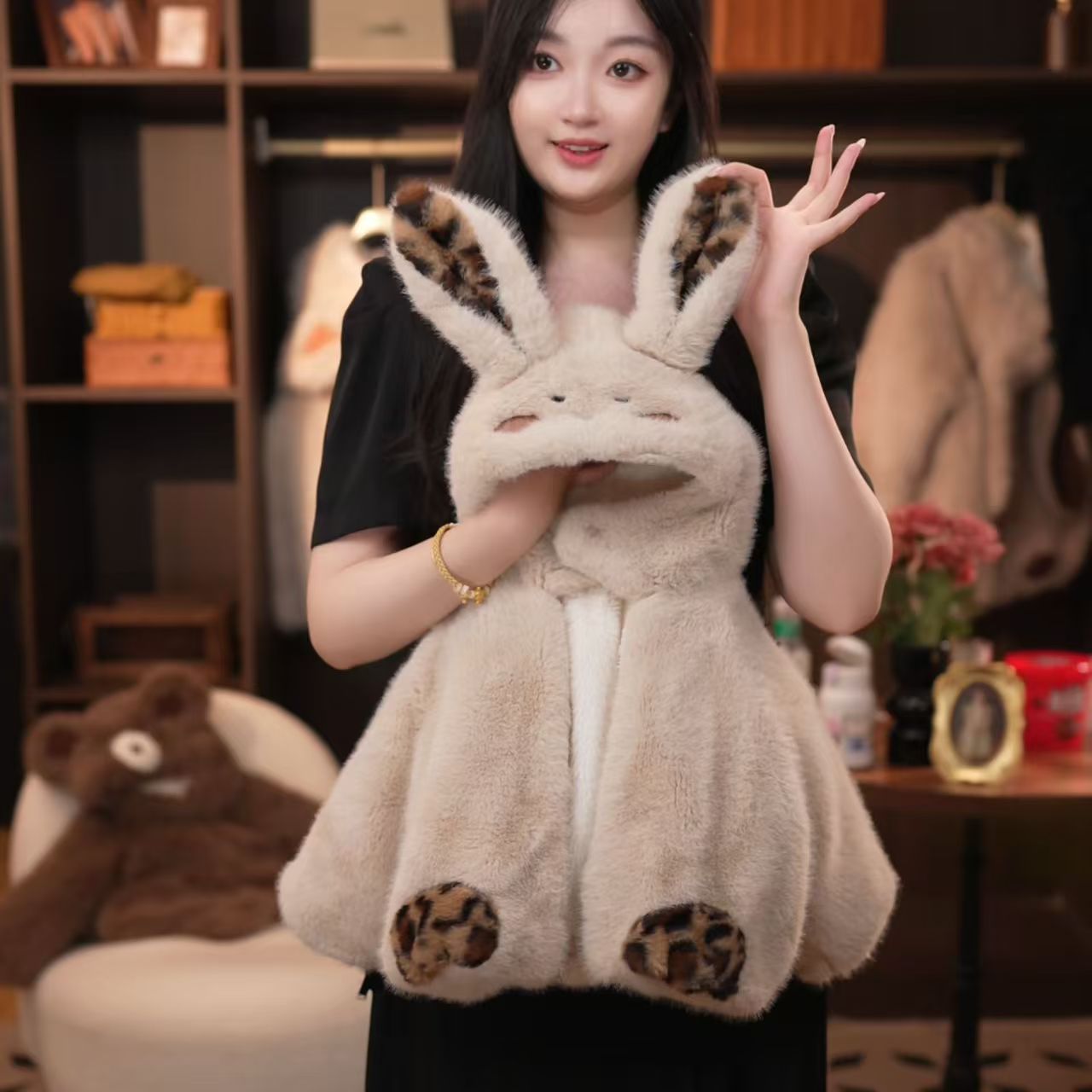 Cute Beige Bunny with Leopard Print Details Plush Kids' Coat - Warm and Stylish Outerwear for Children