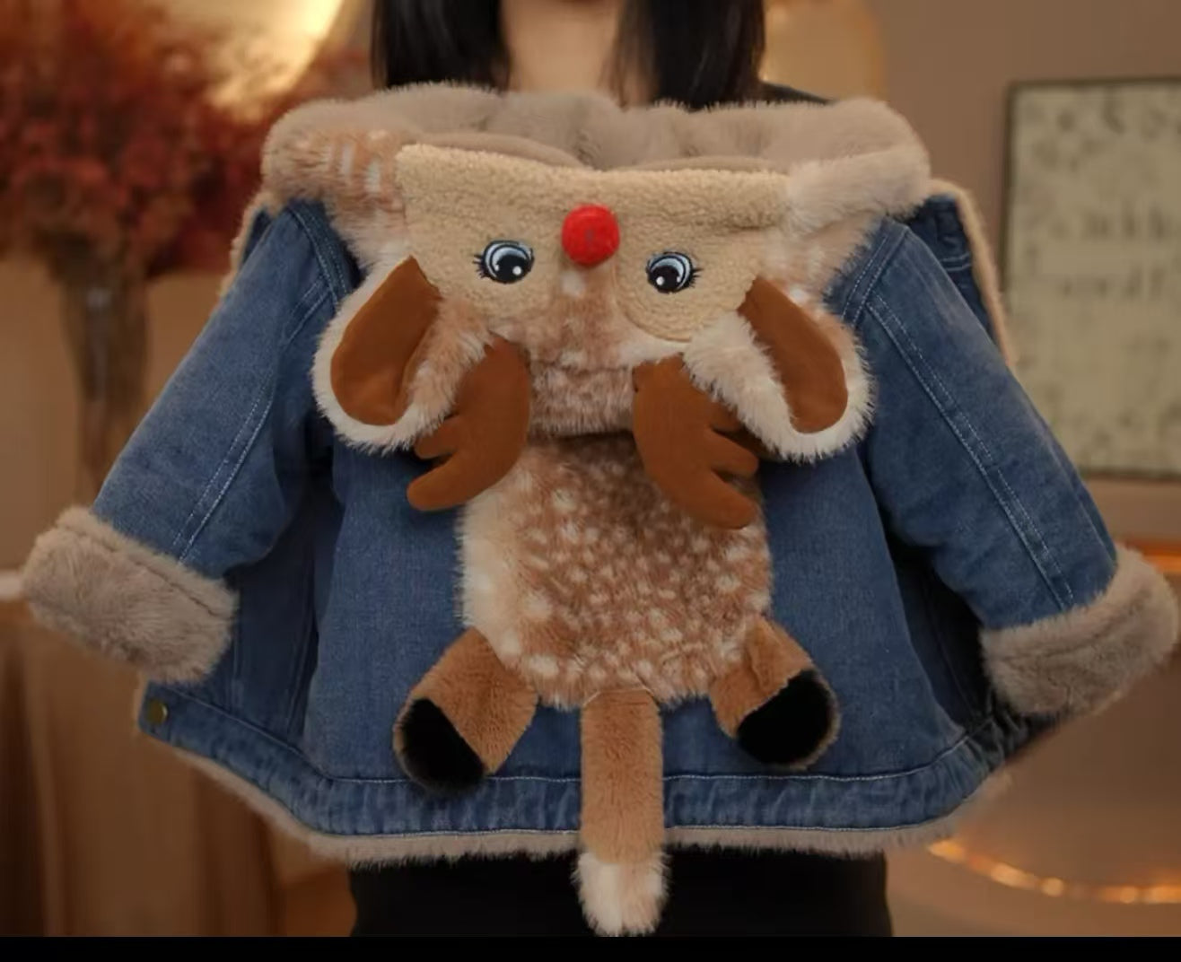 Cute Reindeer Denim Plush Kids' Coat - Warm, Stylish & Festive Outerwear for Children