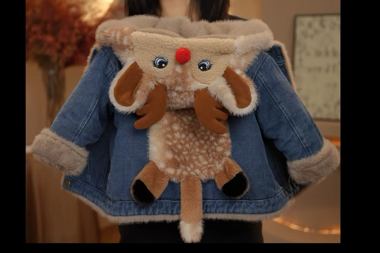 Cute Reindeer Denim Plush Kids' Coat - Warm, Stylish & Festive Outerwear for Children