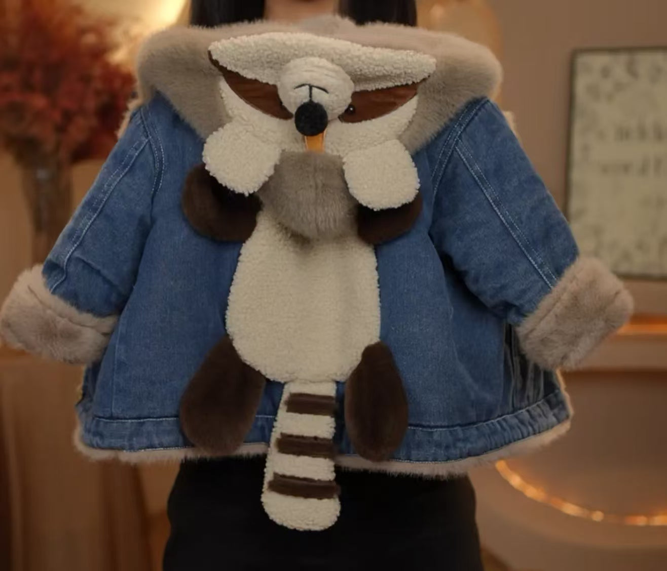 Cute Raccoon Denim Plush Kids' Coat - Warm, Stylish & Playful Outerwear for Children