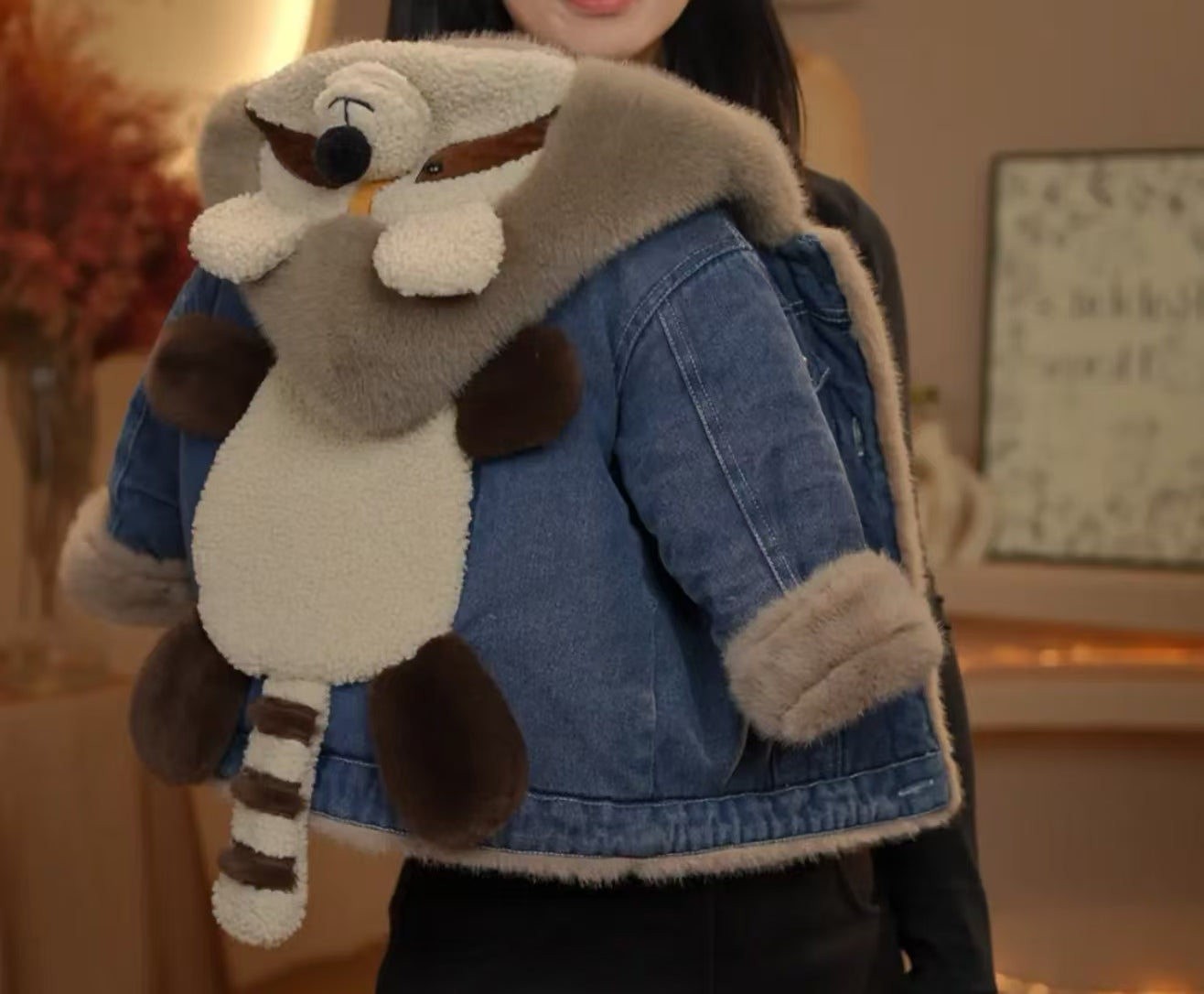 Cute Raccoon Denim Plush Kids' Coat - Warm, Stylish & Playful Outerwear for Children