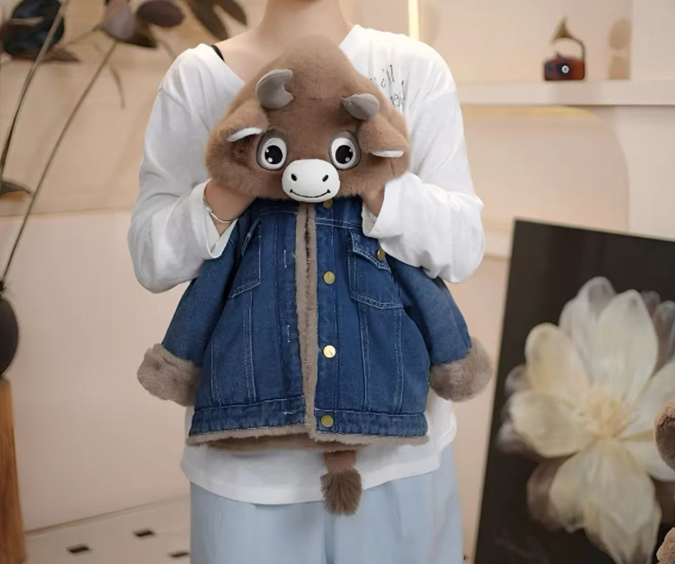 Cute Ox Denim Plush Kids' Coat - Warm, Stylish & Playful Outerwear for Children
