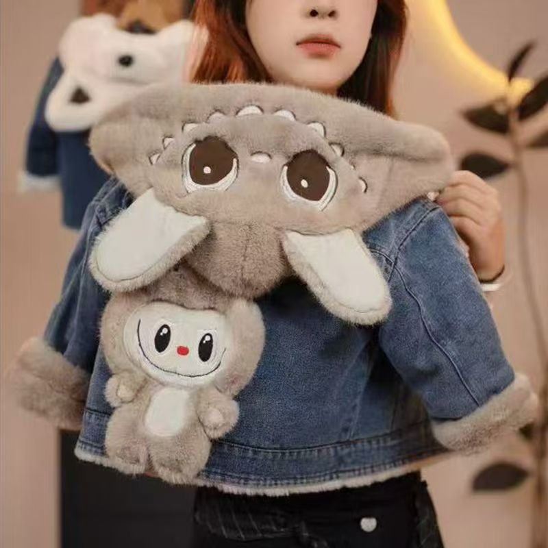 Labubu Kids' Denim Jacket - Warm Fleece-Lined Casual Coat for Boys & Girls