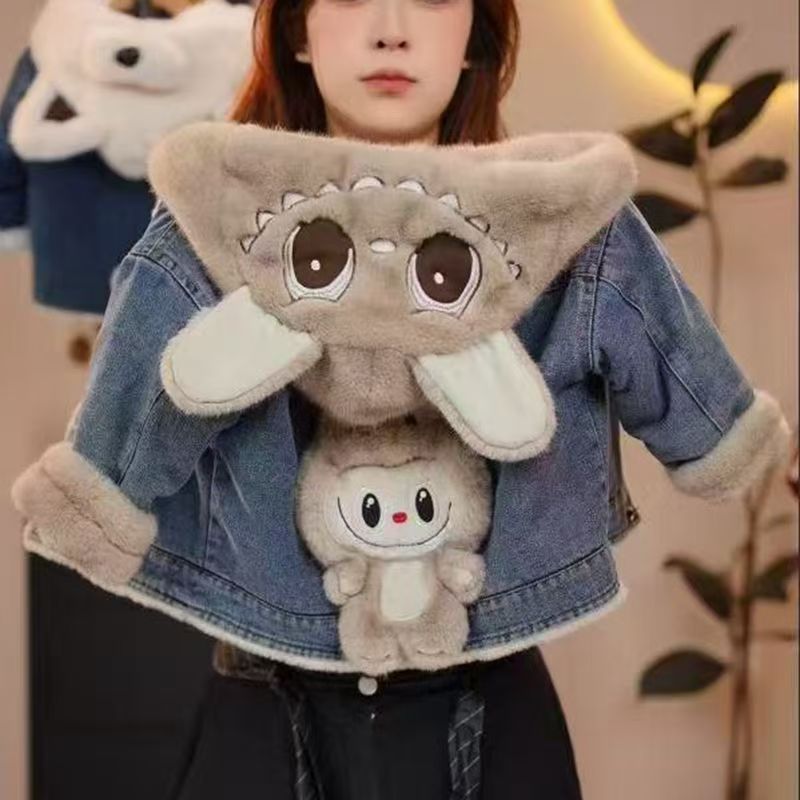 Labubu Kids' Denim Jacket - Warm Fleece-Lined Casual Coat for Boys & Girls