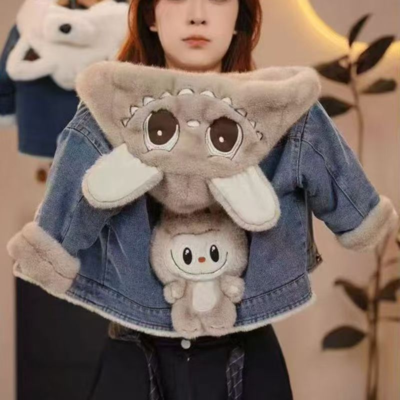 Labubu Kids' Denim Jacket - Warm Fleece-Lined Casual Coat for Boys & Girls