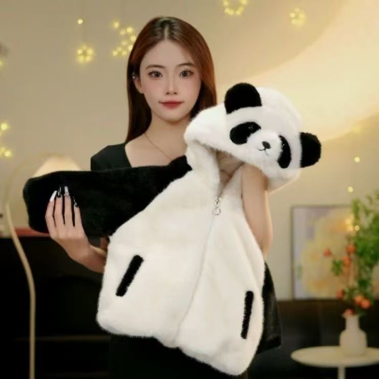Cute Panda - Shaped Faux Fur Kids' Coat, Plush Hooded Jacket for Children