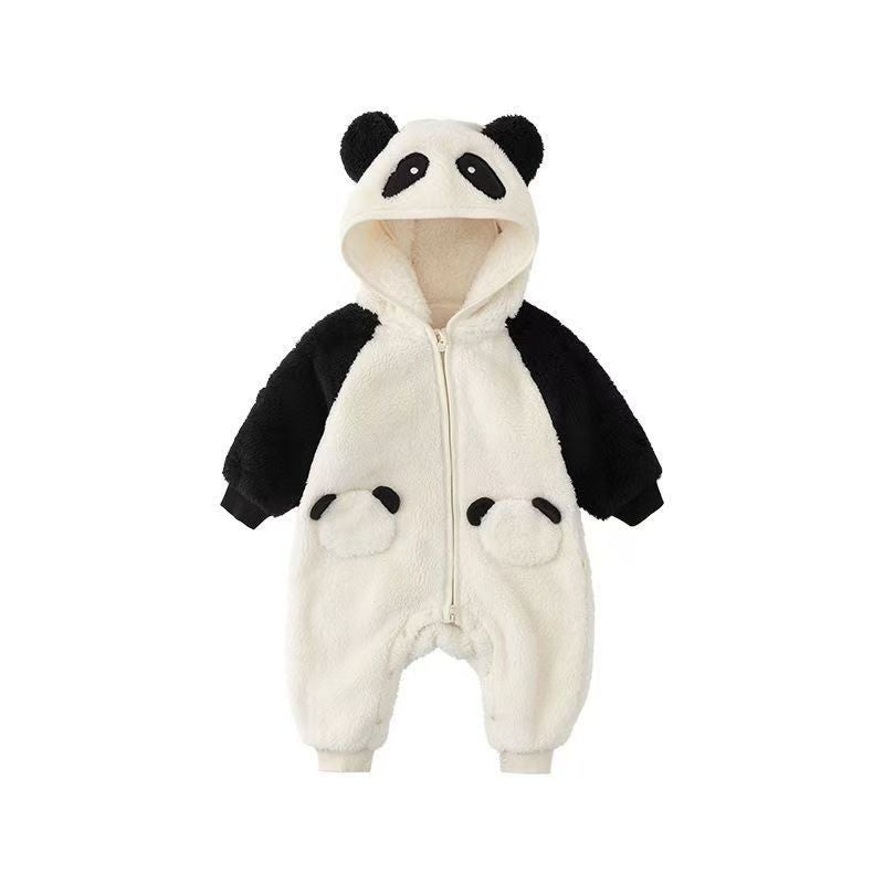 Cute Panda Plush Baby Jumpsuit - Warm Fleece One-Piece Outfit for Toddlers