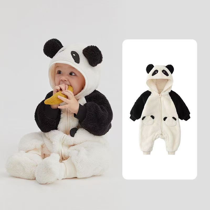 Cute Panda Plush Baby Jumpsuit - Warm Fleece One-Piece Outfit for Toddlers
