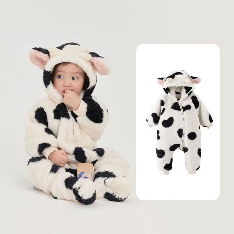 Kids' Adorable Cow Plush Onesie Coat - Warm Fleece Baby Jumpsuit for Winter