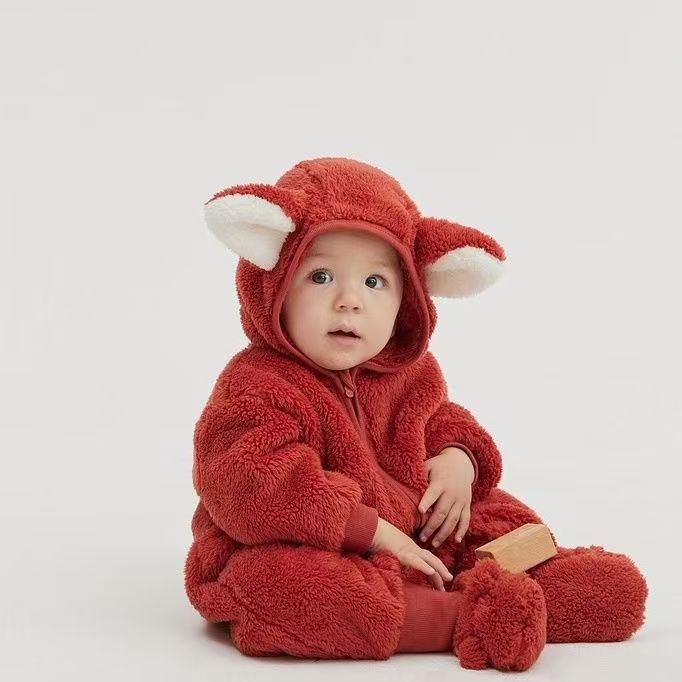 Kids' Adorable Fox Plush Onesie Coat - Warm Fleece Baby Jumpsuit for Winter