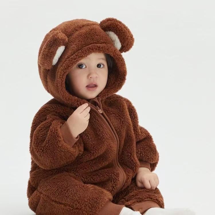 Kids' Cute Bear Plush Onesie Coat - Warm Fleece Baby Jumpsuit for Winter