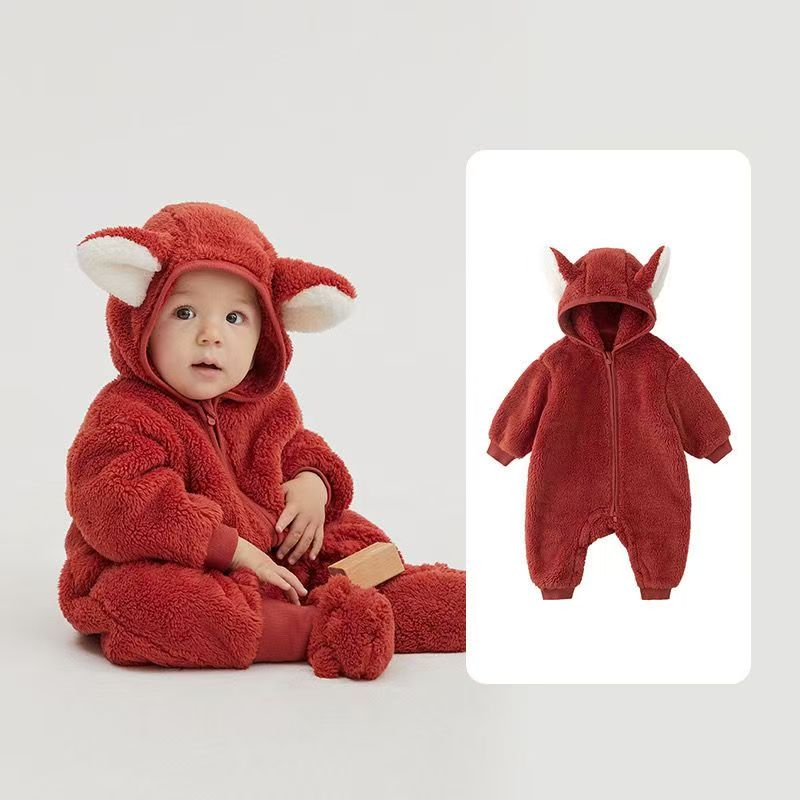 Kids' Adorable Fox Plush Onesie Coat - Warm Fleece Baby Jumpsuit for Winter