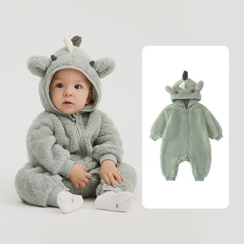 Kids' Cute Rhino Plush Onesie Coat - Warm Fleece Baby Jumpsuit for Winter