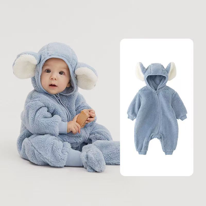 Kids' Adorable Elephant Plush Onesie Coat - Warm Fleece Baby Jumpsuit for Winter